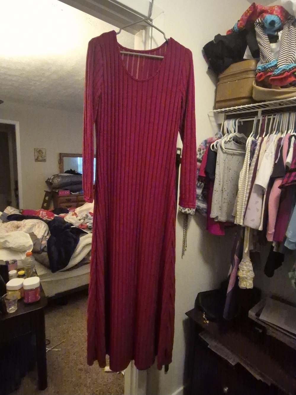 Women's Long Sleeve Ribbed Maxi Dress - Wine